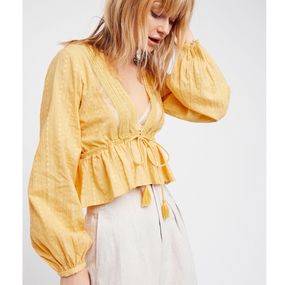 FREE PEOPLE Oberoi Yellow Lace Trim Tassel Blouse